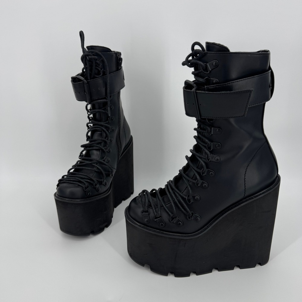 Current Mood Traitor Boots 7 Black Platform Wedge Goth Punk Combat Buckle - Picture 3 of 13